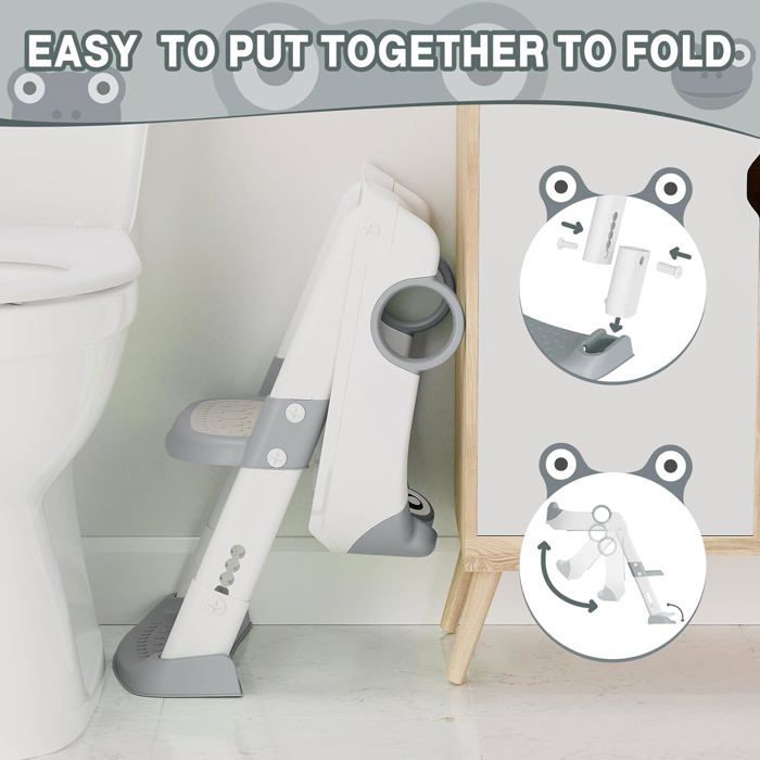 Reductor de asiento de inodoro infantil con escalón y cojín - Asiento de inodoro plegable, altura ajustable para niños y niñas - A partir de 1 año, gris
