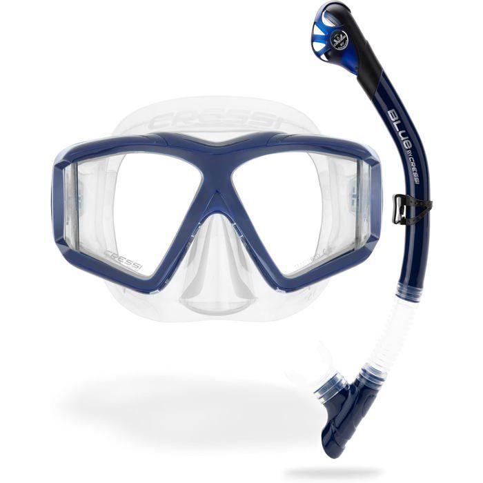 Conjunto CRESSI Horizon+Scilla con 4 lentes templadas y tubo de snorkel seco - Unisex para buceo/snorkel, azul marino