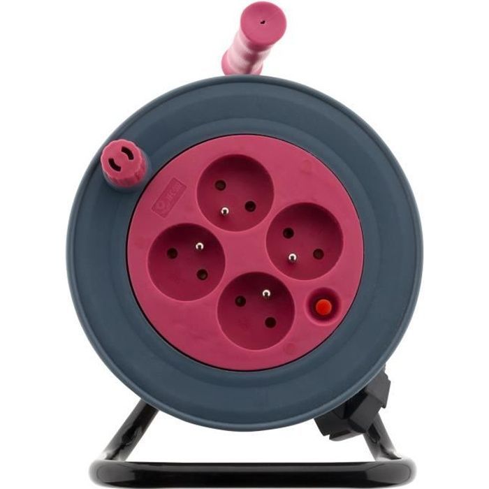 Carrete de cable doméstico ZENITECH de 15 m - 4 tomas 2P+E - Cable 3G1 mm² - Rosa