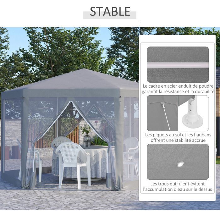 Tonnelle barnum tente de réception hexagonale style cosy 400x350x250cm métal polyester imperméabilisé gris |
