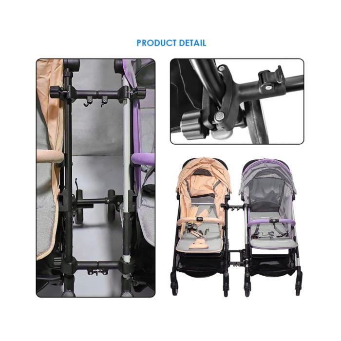 Universal connectors for twin baby strollers transform two single strollers into one double stroller.