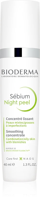 „Bioderma Sébium Night Peel“ lyginamasis ir šveičiamasis serumas, skirtas kovoti su odos trūkumais.