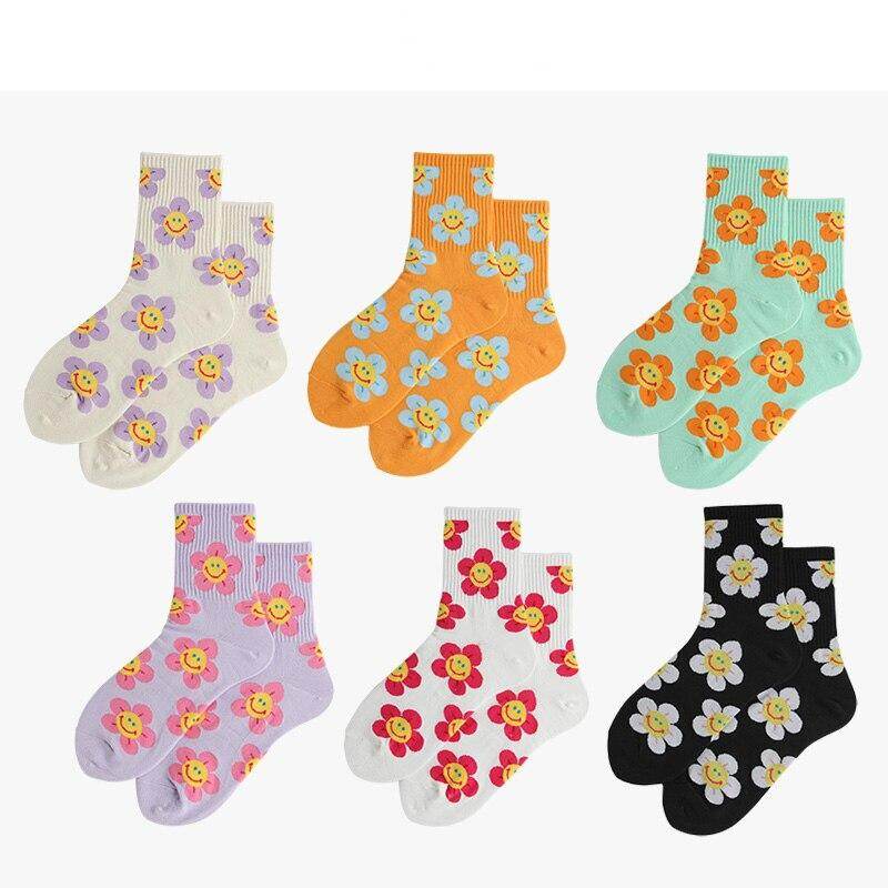 Cute Smiley Face Socks Women Spring and Summer Simple Taiyanghua Tube Socks College Style Candy Colored Cotton Socks Fashion