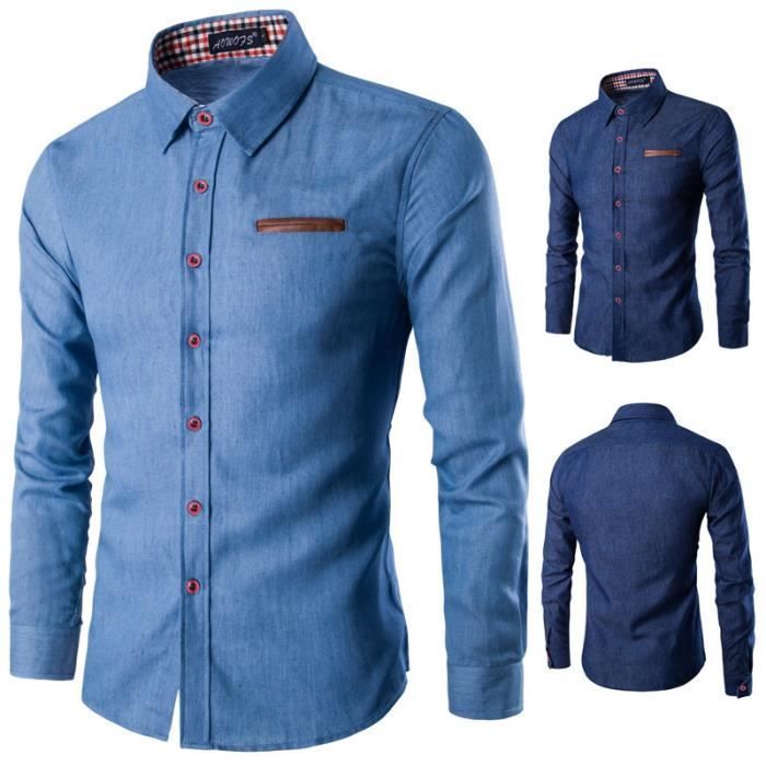 Camisa vaquera para hombre, manga larga, cuello vuelto, corte ajustado, primavera - Azul claro