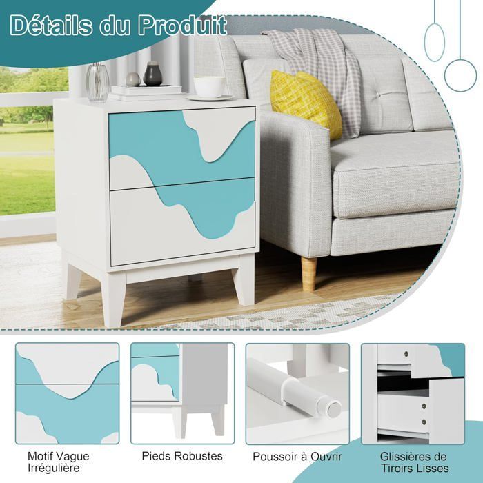 GOOBUY Set of 2 Bedside Tables, Nightstands with 2 Drawers, Side Tables with Irregular Wave Pattern, 45 x 35 x 56 cm