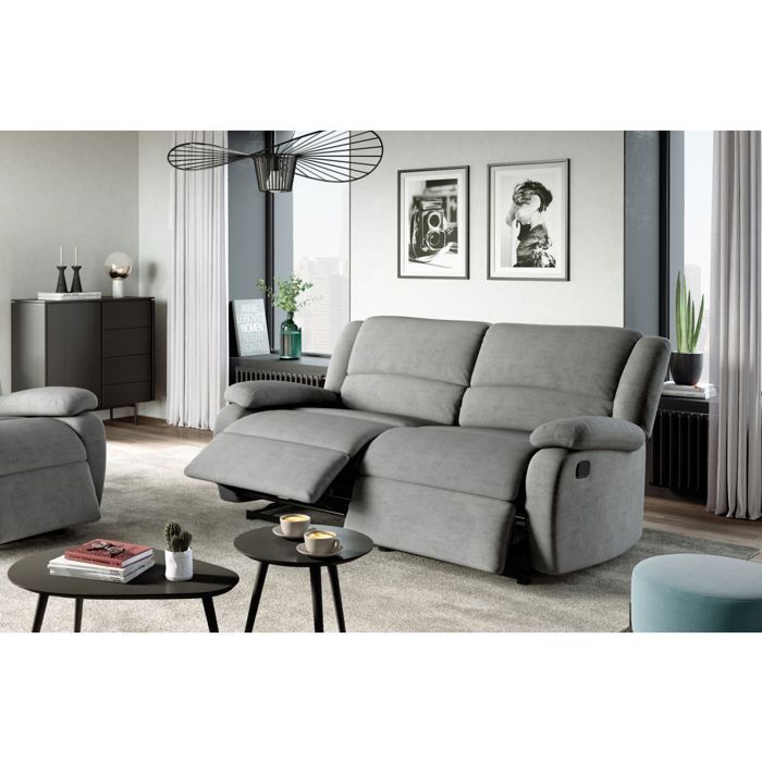 LEO 3-seater manual reclining sofa with 2 extra-large seats in microfiber - Grey - W193 x D93 x H96cm - LOUNGITUDE