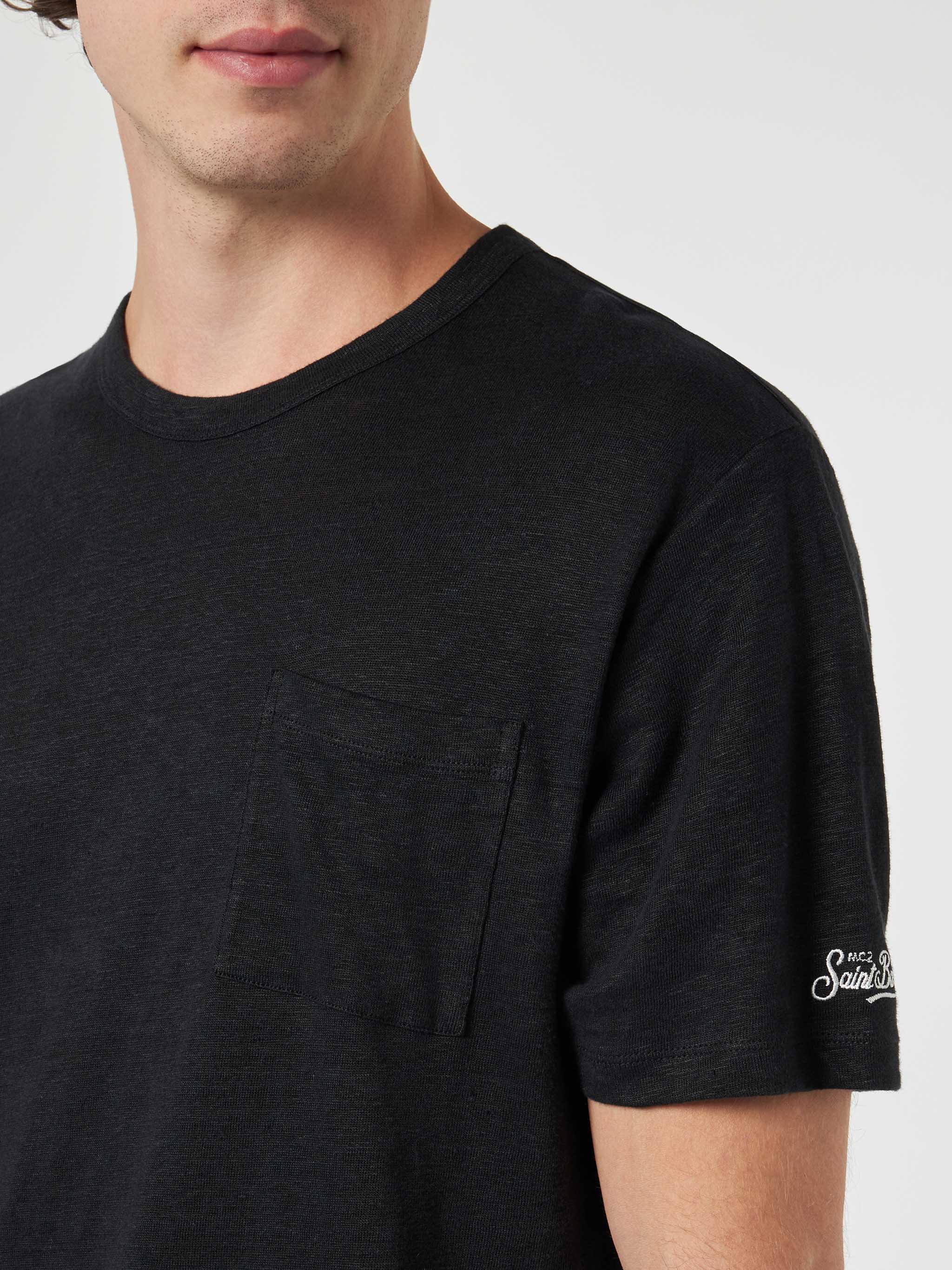 Camiseta de punto de lino negro para hombre de Ecstasea con bolsillo