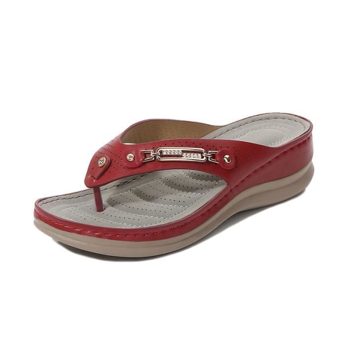 Tongs de Marche Femme Été Compensées en Simili Cuir Chaussure de Plage Extérieur Bout Ouvert Confortable - Rouge