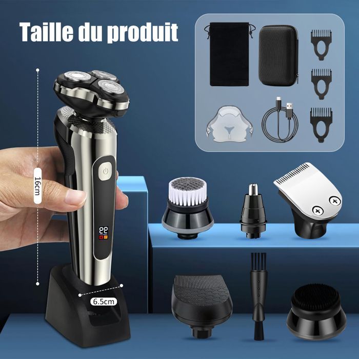 Barbeador elétrico masculino 5 em 1, aparador de barba sem fio, barbeador elétrico com visor LED, máquina de cortar cabelo com base.