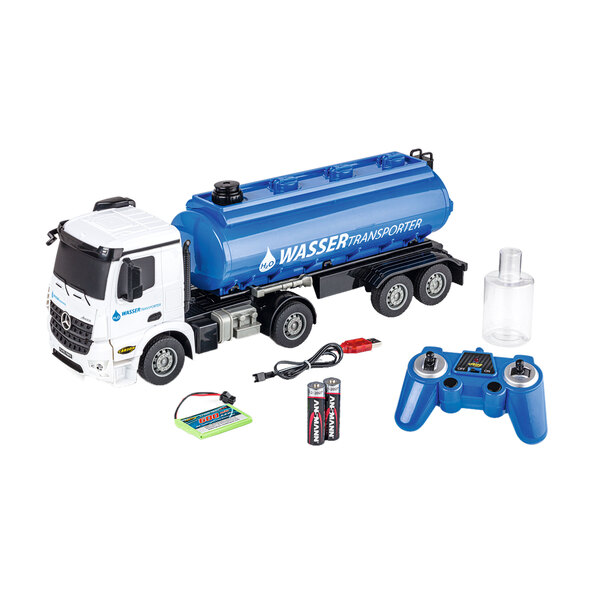 Op afstand bestuurbare Mercedes-Benz watertankwagen, blauw