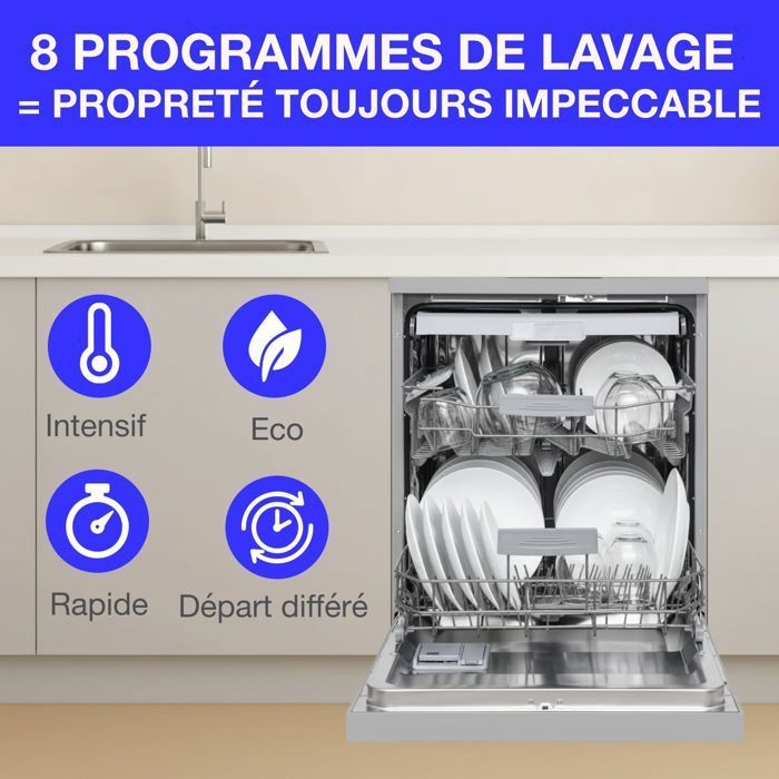 Lave-vaisselle pose libre CONTINENTAL EDISON - 15 couverts - Largeur 59,8 cm - Classe D - moteur induction - 39 dB - Silver