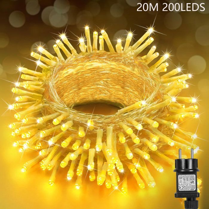 Guirnalda de luces navideñas para exteriores con enchufe, luz blanca cálida, IP44, 20 m, 200 LED, memoria/temporizador, 8 modos, para jardín/bodas/fiestas.