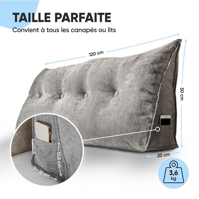 Almofada de encosto cinza Björn&Schiller, 120 cm, almofada de leitura para cama e sofá, almofada triangular, almofada lombar