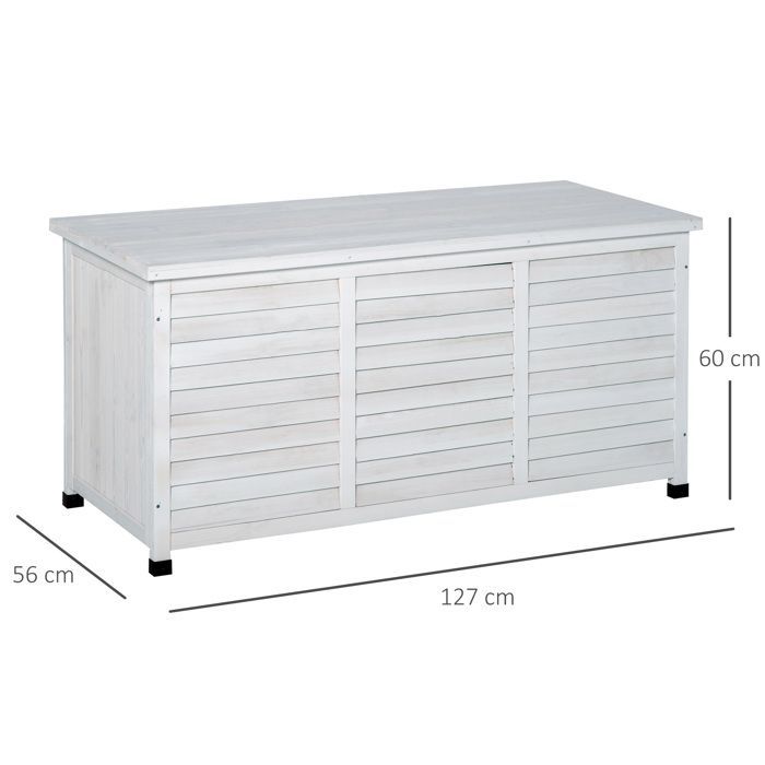 Caja de almacenamiento exterior Outsunny - 283 L - pequeñas aberturas en la parte inferior - 2 cadenas - madera - 127 x 56 x 60 cm - blanco