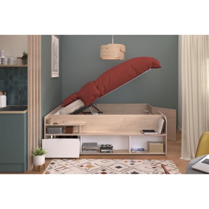 Cama con almacenamiento para adultos ODYSSEE - 140x190/200 cm - Con compartimento de almacenamiento elevable - Acabado en roble y blanco - 168,3x66,5x209,5 cm