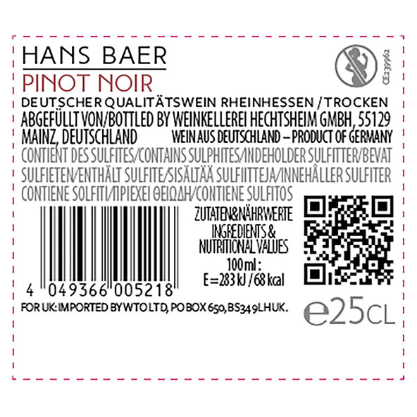 Spätburgunder Pinot Noir QbA, 12 flasker á 0,25 l