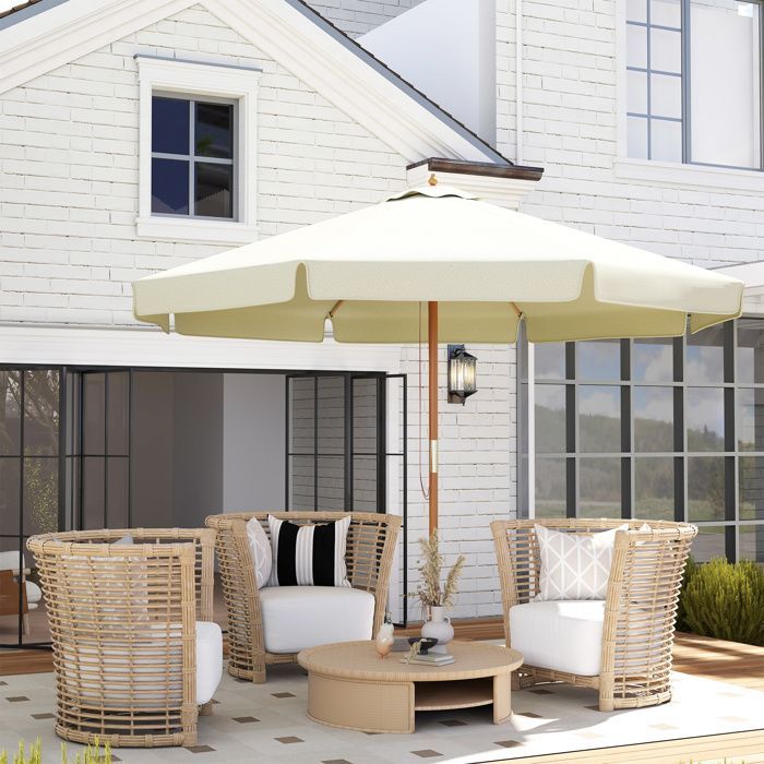 Rechte parasol - tuinparasol - Outsunny - groot rond formaat - bamboehout - Ø 3 m - beige