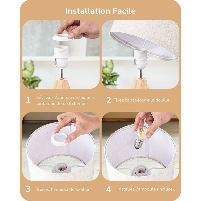 Lámpara de mesa EDISHINE con pantalla de lino, bombilla LED E27 de 2700K incluida, base de madera maciza.