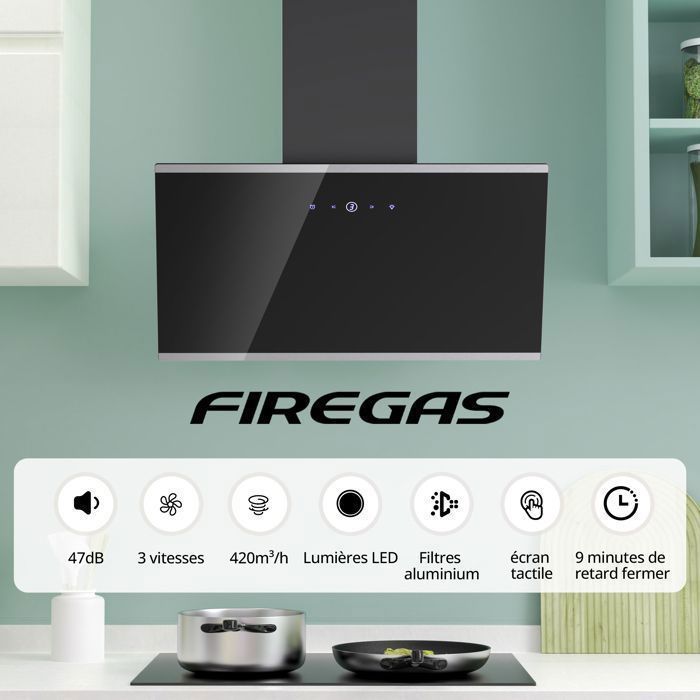 FIREGAS 60cm Cooker Hood - Recirculating and Extraction - 420 m³/h - 3 Speeds - CC130 Carbon Filter - Black - Touchscreen - A++