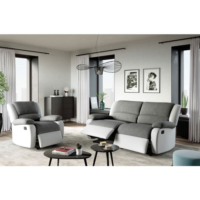 Canapé relax manuel 3 places avec 2 assises XXL LEO en microfibre et simili - Blanc/Gris - L193 x P93 x H96cm - LOUNGITUDE