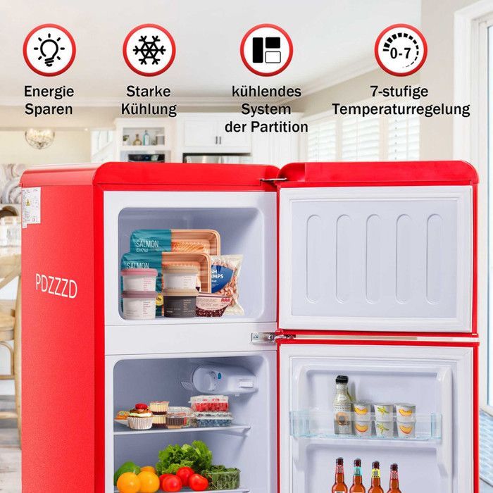Kühl-/Gefrierkombination – Originalausrüstung – Retro – 60 Liter – 22-Liter-Gefrierfach – Energieklasse E, 102 kWh/Jahr
