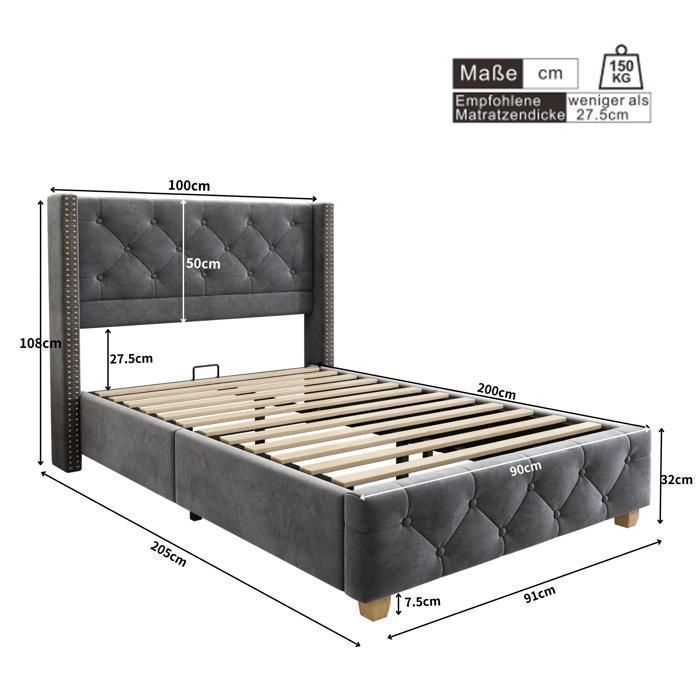 Cama individual tapizada - TKOPY - Cama infantil de 90x200 cm, cama juvenil con somier de láminas, terciopelo gris