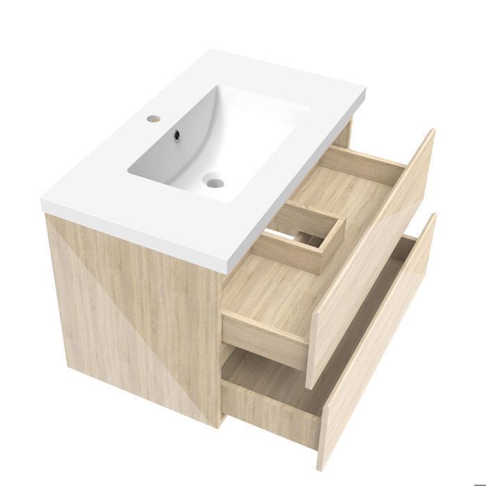 Mueble de baño AICA de 80 cm en roble Wotan brillante con 2 cajones de cierre suave y lavabo individual.