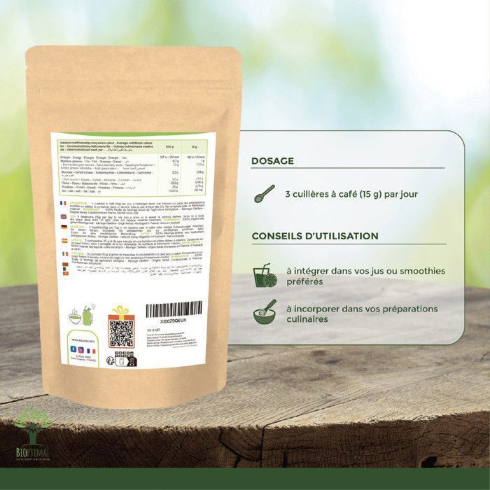 Moringa biologica - Polvere di foglie di Moringa Oleifera 100% - Indice glicemico - Confezionato in Francia - Vegano - 100 g