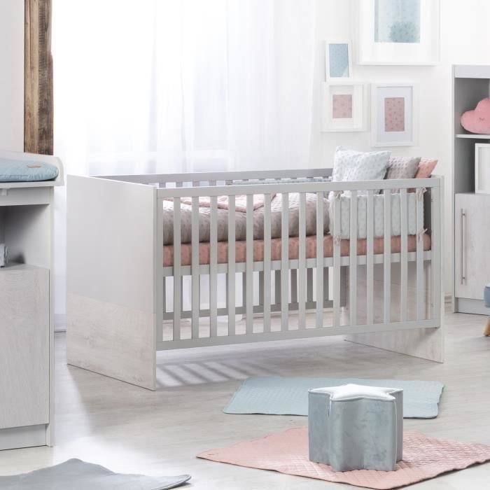 ROBA Lit Bébé Évolutif 70x140 cm - Maren 2 - Réglable en Hauteur - Convertible en Lit Junior - Gris Clair / Chêne Blanchi