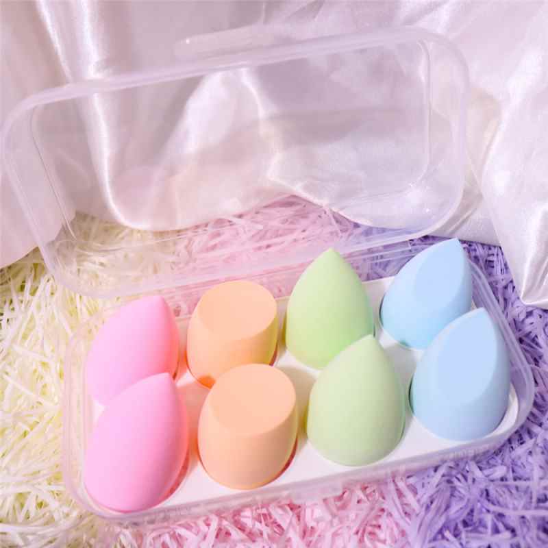Ensemble de 8 éponges à maquillage en forme d'œuf, en forme de goutte d'eau, avec coussins colorés. Utilisation sur peau sèche ou humide.