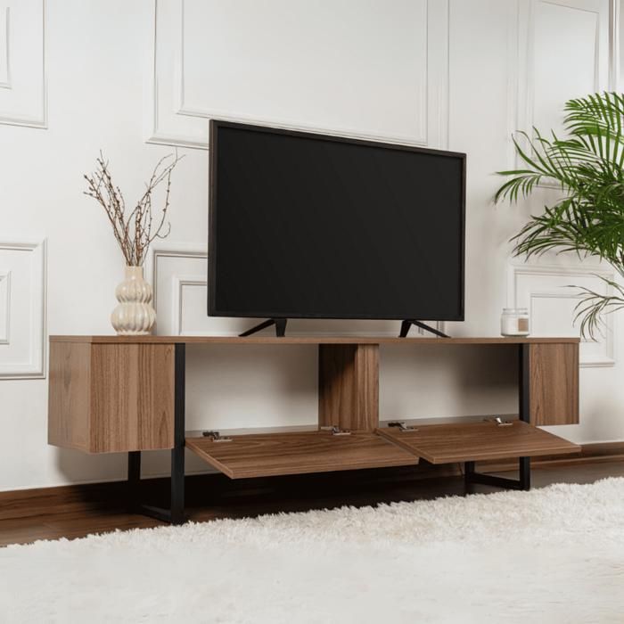 CALICOSY - Mueble para TV con 2 puertas abatibles, 180 cm de ancho - SERENITY - Nogal/Negro