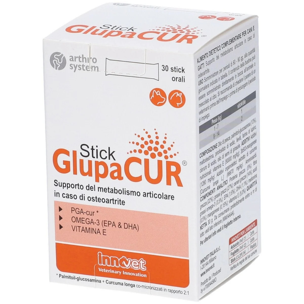 INNOVET Glupacur Suplemento alimentar para o metabolismo articular de cães e gatos, 30 sachês orais.