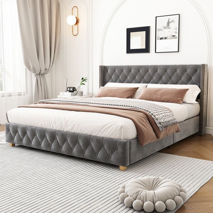 140x190 cm bed with slatted base and headboard, velvet double bed with wooden legs, upholstered double bed, grey