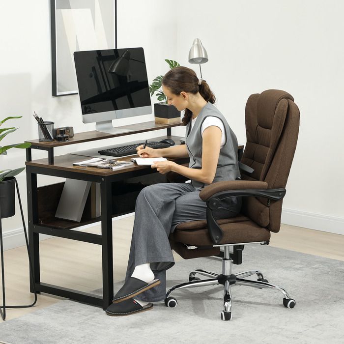 Fauteuil de bureau - Vinsetto - hauteur réglable, dossier inclinable et repose-pied - tissu aspect lin - 65x70x118cm - marron
