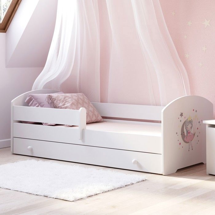 Cama infantil LUK – Blanca, 160 x 80 cm, con barandilla, cajón y colchón – con estampado de princesa durmiendo