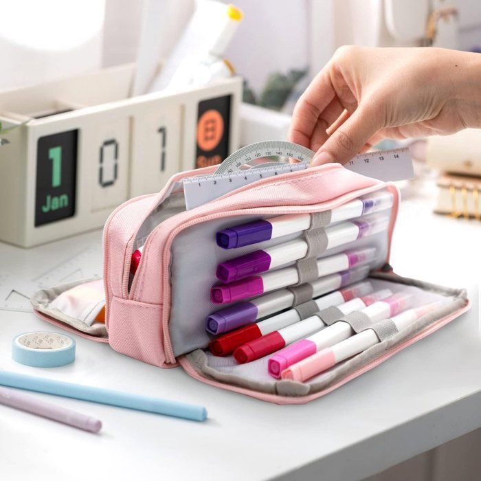 Pink 3-compartment pencil case, for school/office/makeup/business cards.