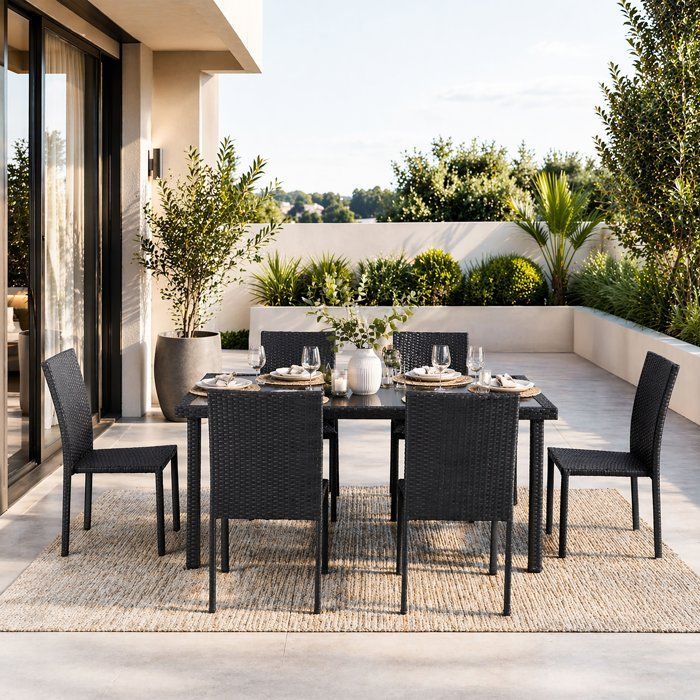 Set da pranzo da giardino AKELA - Tavolo con piano in vetro temperato + sedie in resina effetto vimini - Tavolo 160x80 cm - Nero - 6 posti