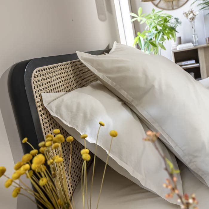 ANNA 160x200 Massief zwart grenenhouten volwassenenbed met echt rieten frame - LT17018 - Zwart - Terre de Nuit