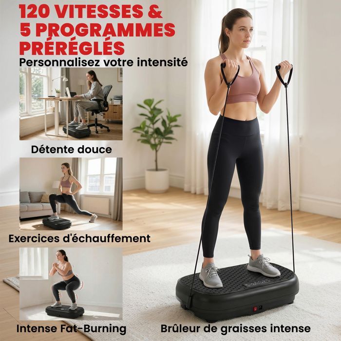 Plateforme vibrante fitness - SPORTNOW - 200W plaque vibrante 120 vitesse 5 programmes - acier - 48 x 32 x 12,5 cm - noir