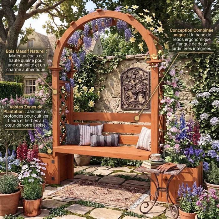Garden Bench with Arch & Planters - 160x30.5x160cm - 3-in-1 Design - Natural Fir Wood