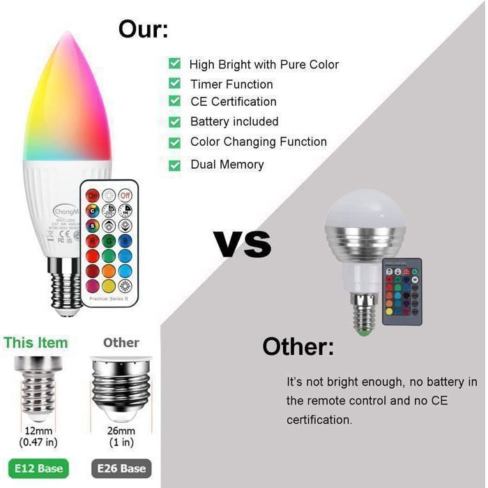 Bombilla LED E14 de 5W RGBW con control remoto inalámbrico, regulable y con cambio de color, 6 unidades RGB y blanco frío 5700K.