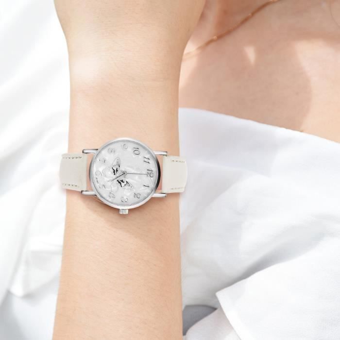 Montre femme - Bracelet en cuir PU - Mouvement à quartz - Blanc