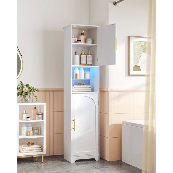 Armoire de Salle de Bain avec Éclairage LED, Deux Portes de Meuble et Étagères Réglables,pour Salle de Bain, Salon, Buanderie,
