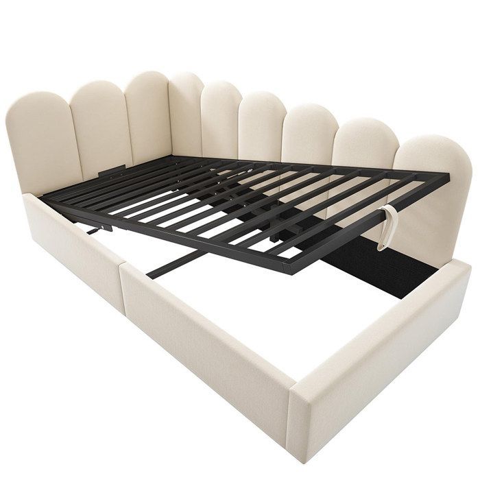 Κρεβάτι με αποθηκευτικό χώρο 90x190 cm, παιδικός υδραυλικός καναπές-κρεβάτι, μπεζ βελούδινη βάση με τάβλες