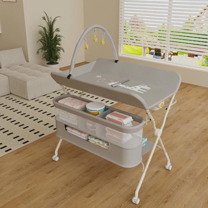 Cambiador regulable en altura - YIYI - Cesta de almacenamiento de doble compartimento - Gris - 80 x 73 x 86-94 cm