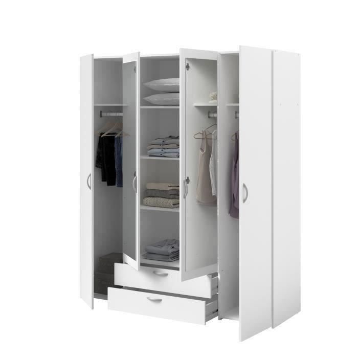 Armoire VARIA - Décor blanc - 4 portes battantes + 2 miroirs + 2 tiroirs - L 160 x H 185 x P 51 cm - PARISOT