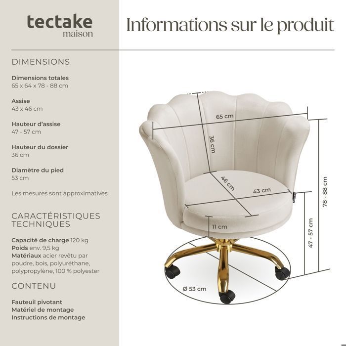 Chair - TECTAKE - STELLA upholstered office chair with flower-shaped backrest and velvet covering, 65 x 64 x 78 cm - Cream/Gold