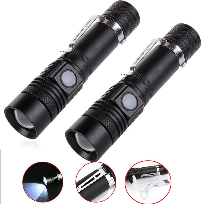 2 Stück Zoombare XM T6 LED-Taschenlampe 3500LM18650 USB-wiederaufladbar Stiftclip-Lampe 3 Modi Camping-LED-Taschenlampe