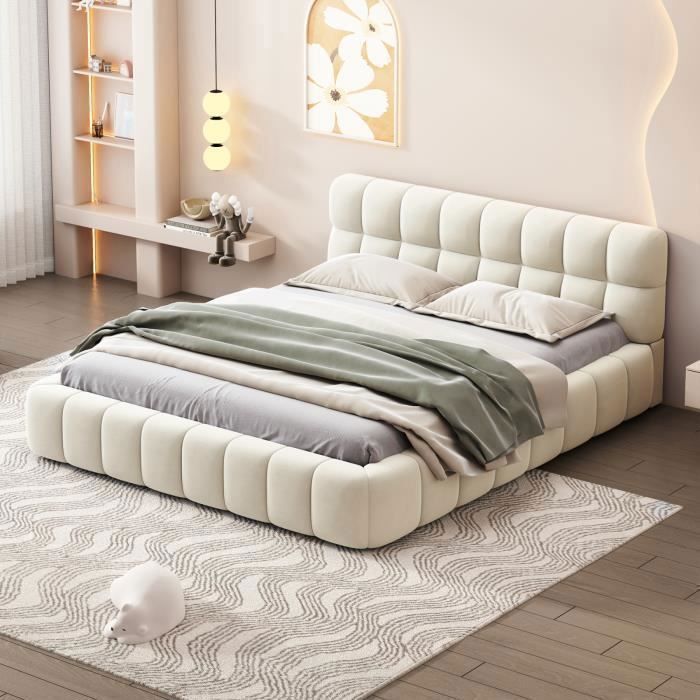 Tweepersoonsbed 140x200 - PERGAR - Gestoffeerd - Zachte rugleuning - Metaal - Beige
