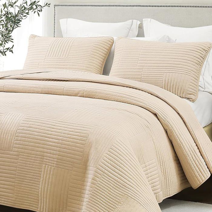 Colcha de 220x240 cm con 2 fundas de almohada, suave y ligera con estampado de rayas. #Beige BEI CAMA